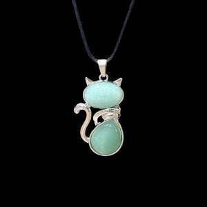 Green Aventurine Crystal Cat Pendant Black Cord Necklace